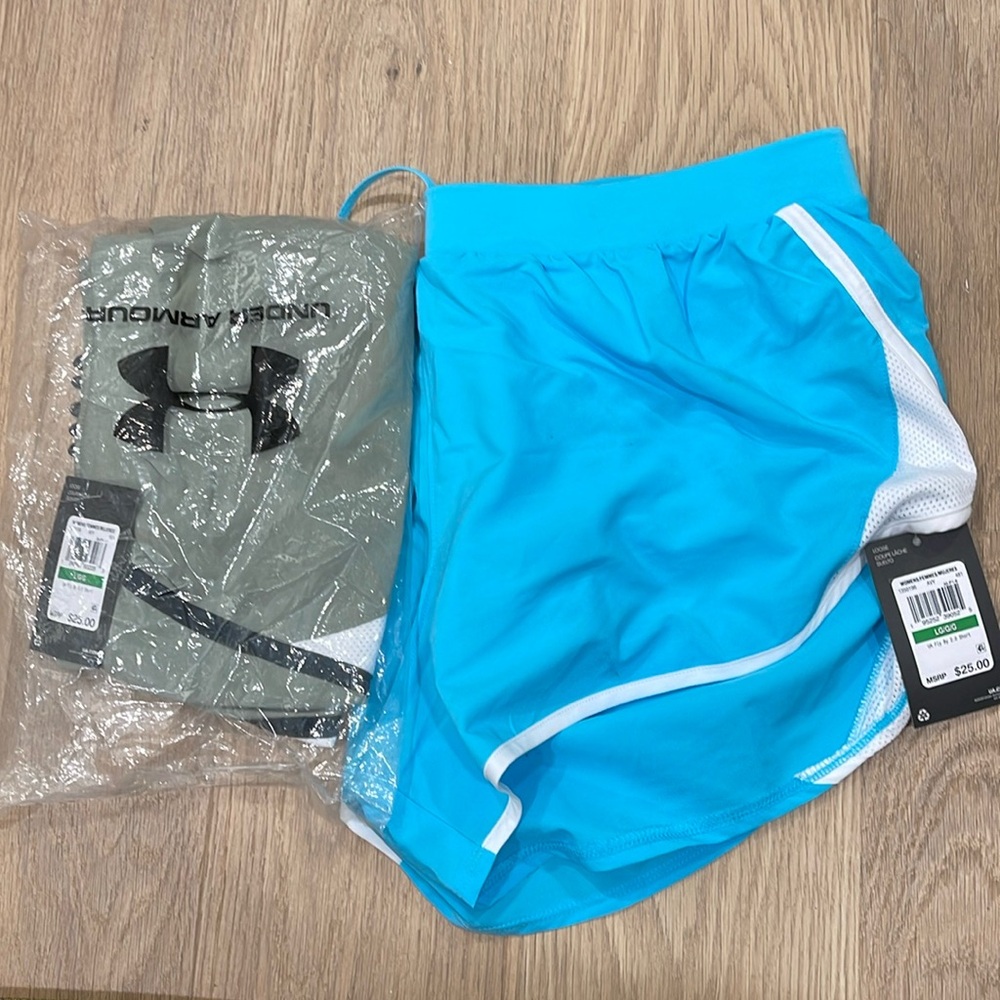 NWT Lot of 2 UA FYI BY 2.0 Short Women’s LG - turquoise and green